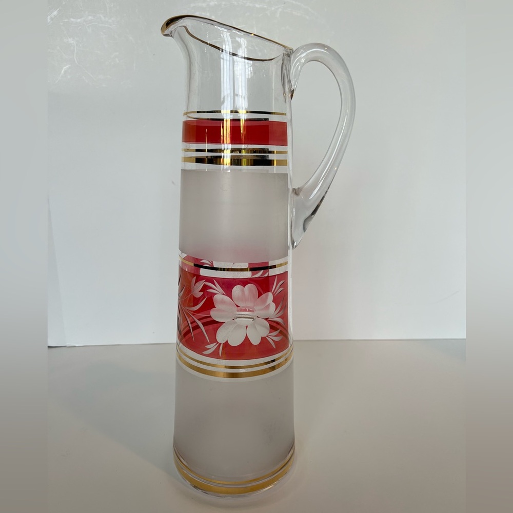 Mid Century Modern Glass Pitcher with Frosted Glass and Etched Floral Design